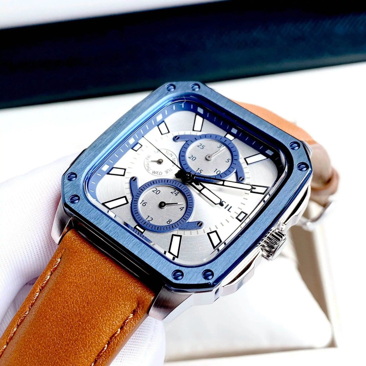 Shop Authentic Fossil Inscription Multifunction Silver Dial Brown Leather Strap Watch for Men - BQ2658 - Luxxuri