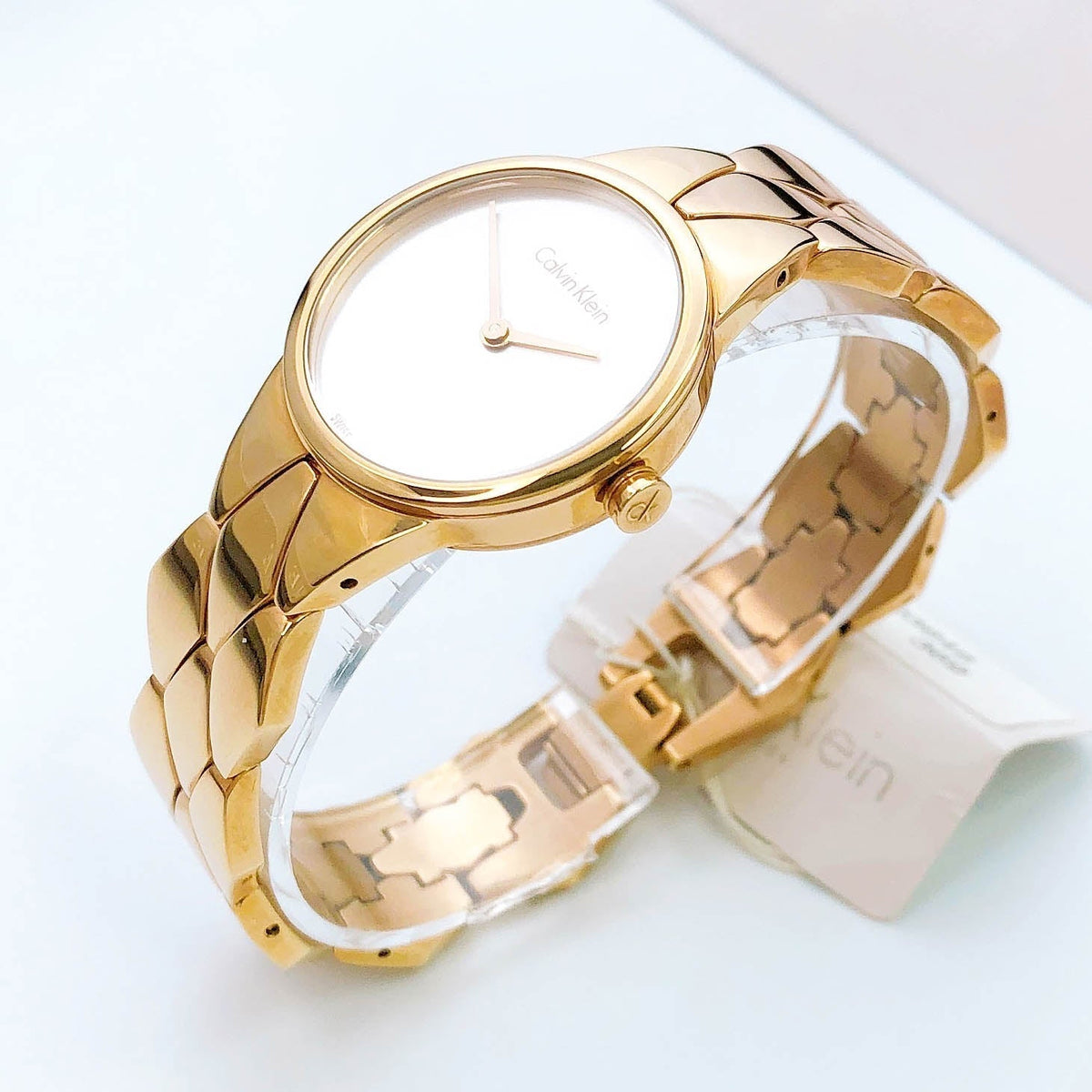 Shop Authentic Calvin Klein Snake Silver Dial Yellow Gold Steel Strap Watch For Women - K6E23546 - Luxxuri