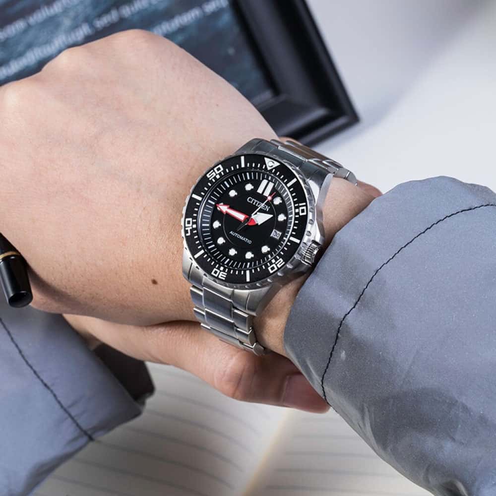Shop Authentic Citizen Mechanical Black Dial Silver Steel Strap Watch For Men - NJ0120-81E - Luxxuri