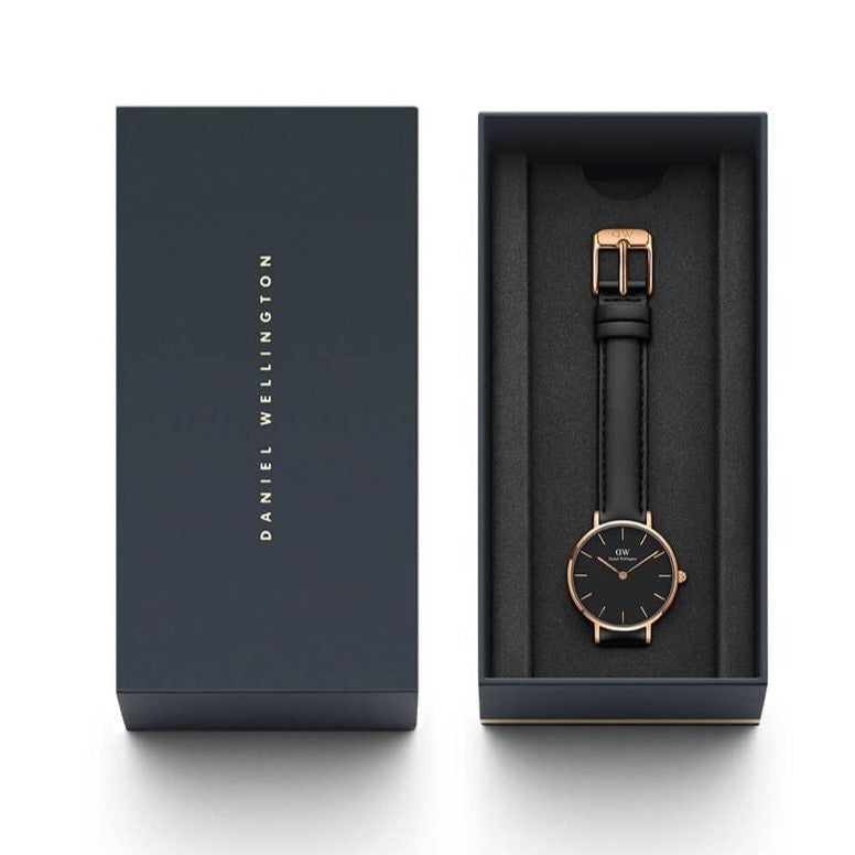 Shop Authentic Daniel Wellington Petite Sheffield Black Dial Black Leather Strap Watch For Women - DW00100168 - Luxxuri
