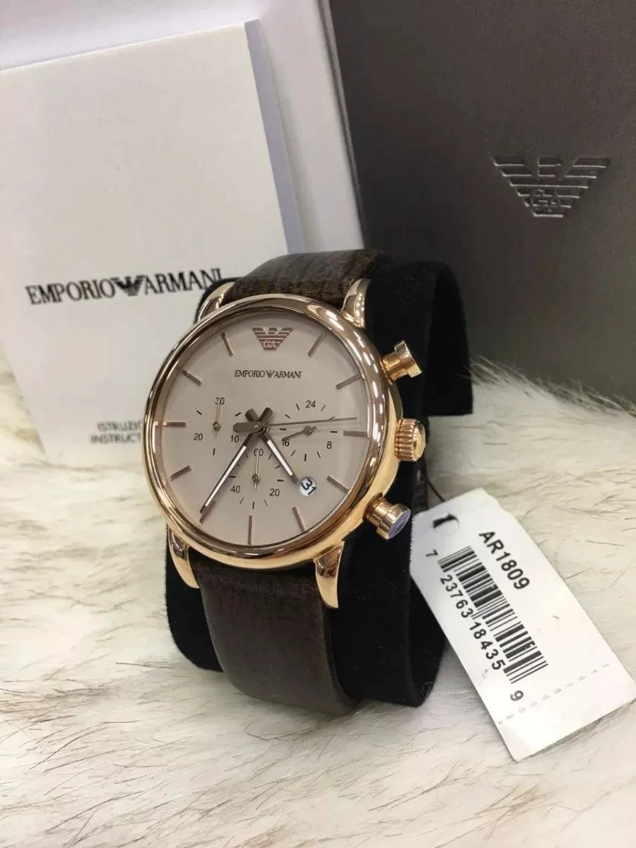 Shop Authentic Emporio Armani Classic Chronograph White Dial Brown Leather Strap Watch For Men - AR1809 - Luxxuri