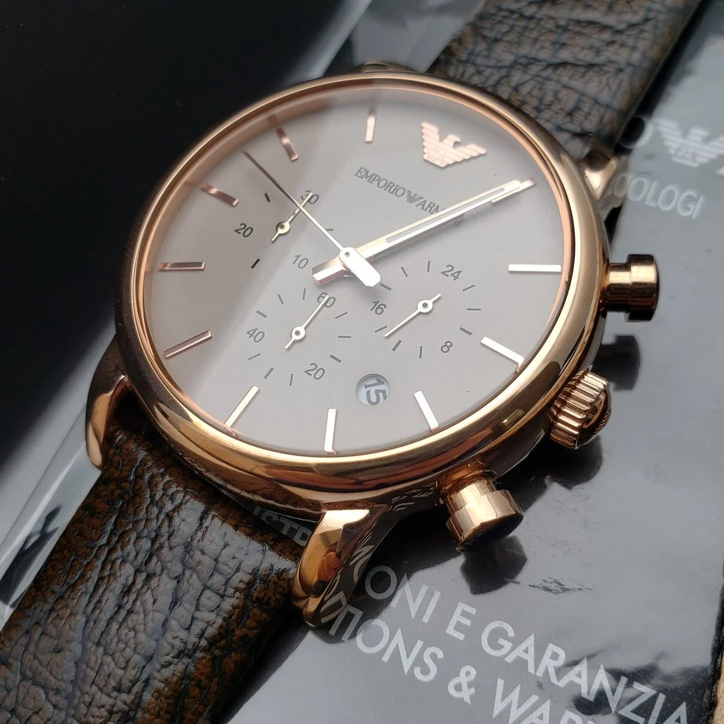 Shop Authentic Emporio Armani Classic Chronograph White Dial Brown Leather Strap Watch For Men - AR1809 - Luxxuri
