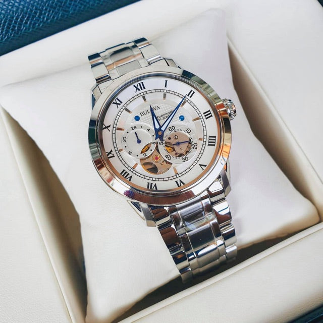 Shop Authentic Bulova BVA Series Dual Aperture Silver Dial Silver Steel Strap Watch for Men - 96A118 - Luxxuri