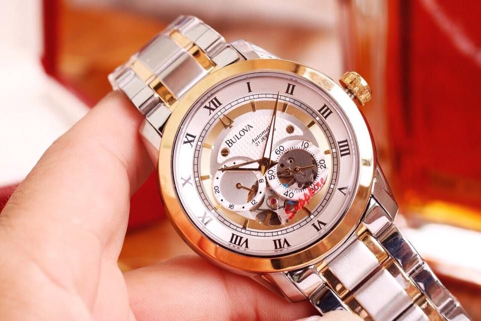 Shop Authentic Bulova BVA Skeleton Silver Dial Two Tone Steel Strap Watch for Men - 98A230 - Luxxuri