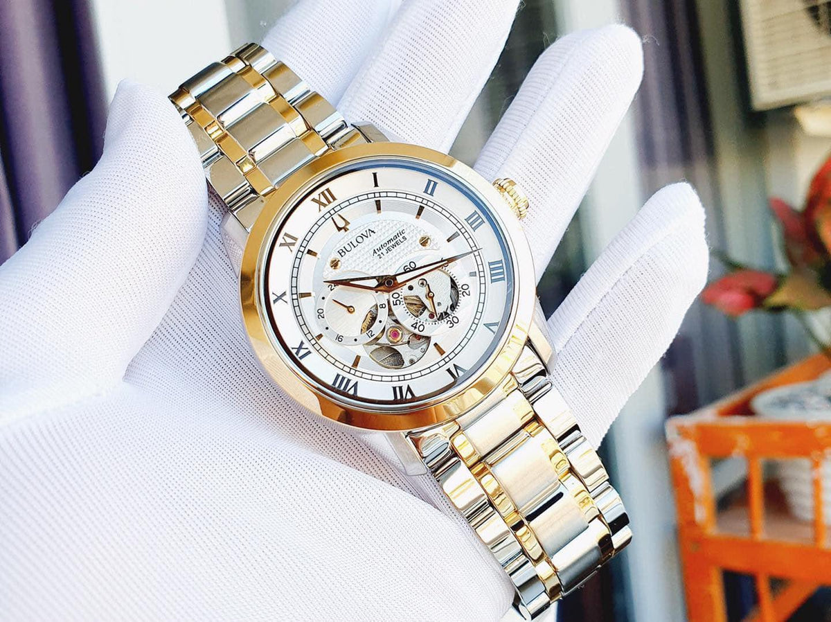 Shop Authentic Bulova BVA Skeleton Silver Dial Two Tone Steel Strap Watch for Men - 98A230 - Luxxuri