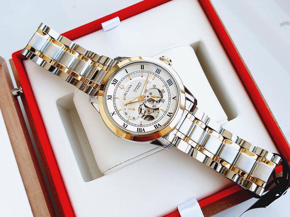 Shop Authentic Bulova BVA Skeleton Silver Dial Two Tone Steel Strap Watch for Men - 98A230 - Luxxuri