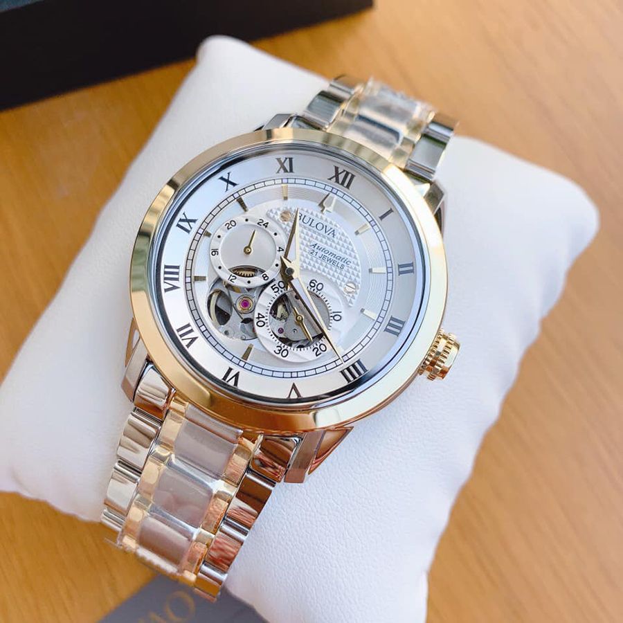 Shop Authentic Bulova BVA Skeleton Silver Dial Two Tone Steel Strap Watch for Men - 98A230 - Luxxuri