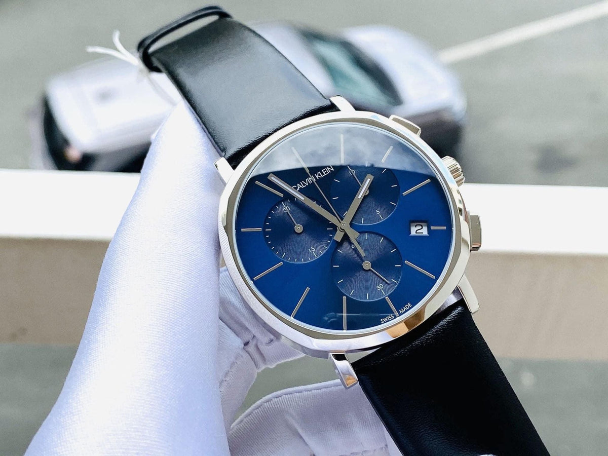 Shop Authentic Calvin Klein Chronograph Blue Dial Black Leather Strap Watch for Men - K8Q371CN - Luxxuri