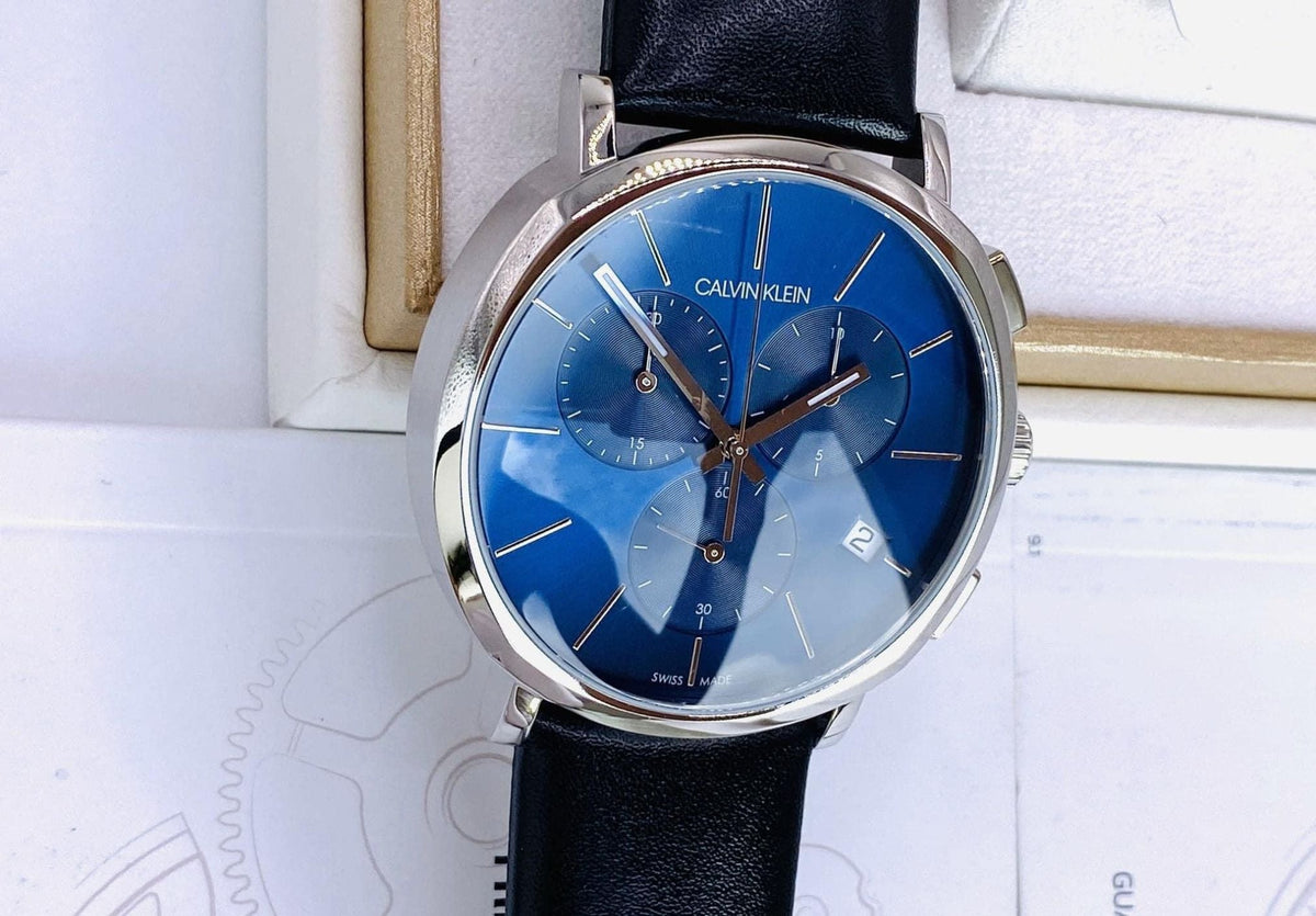 Shop Authentic Calvin Klein Chronograph Blue Dial Black Leather Strap Watch for Men - K8Q371CN - Luxxuri