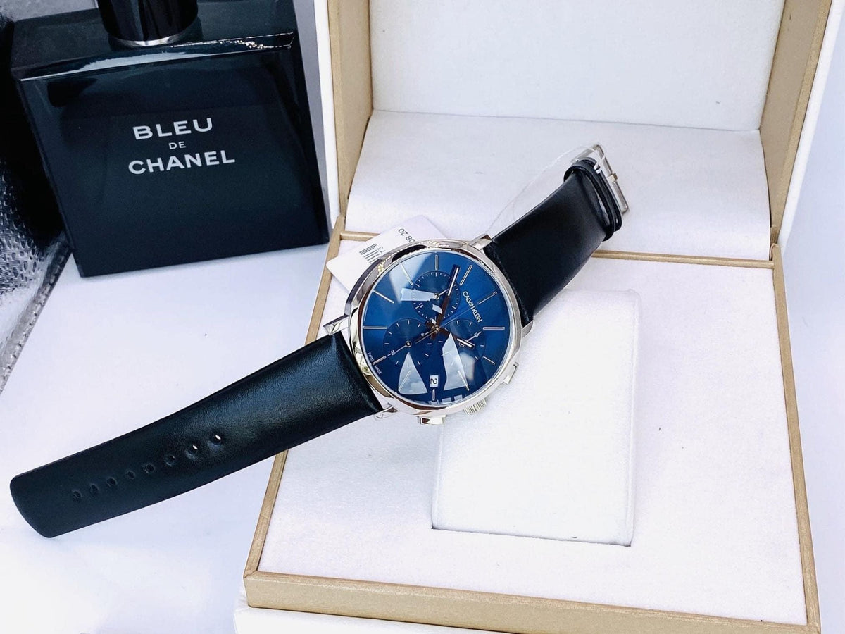 Shop Authentic Calvin Klein Chronograph Blue Dial Black Leather Strap Watch for Men - K8Q371CN - Luxxuri