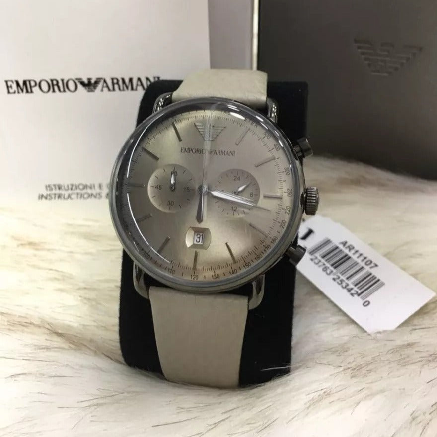 Shop Authentic Emporio Armani Aviator Chronograph Quartz Grey Dial Beige Leather Strap Watch For Men - AR11107 - Luxxuri