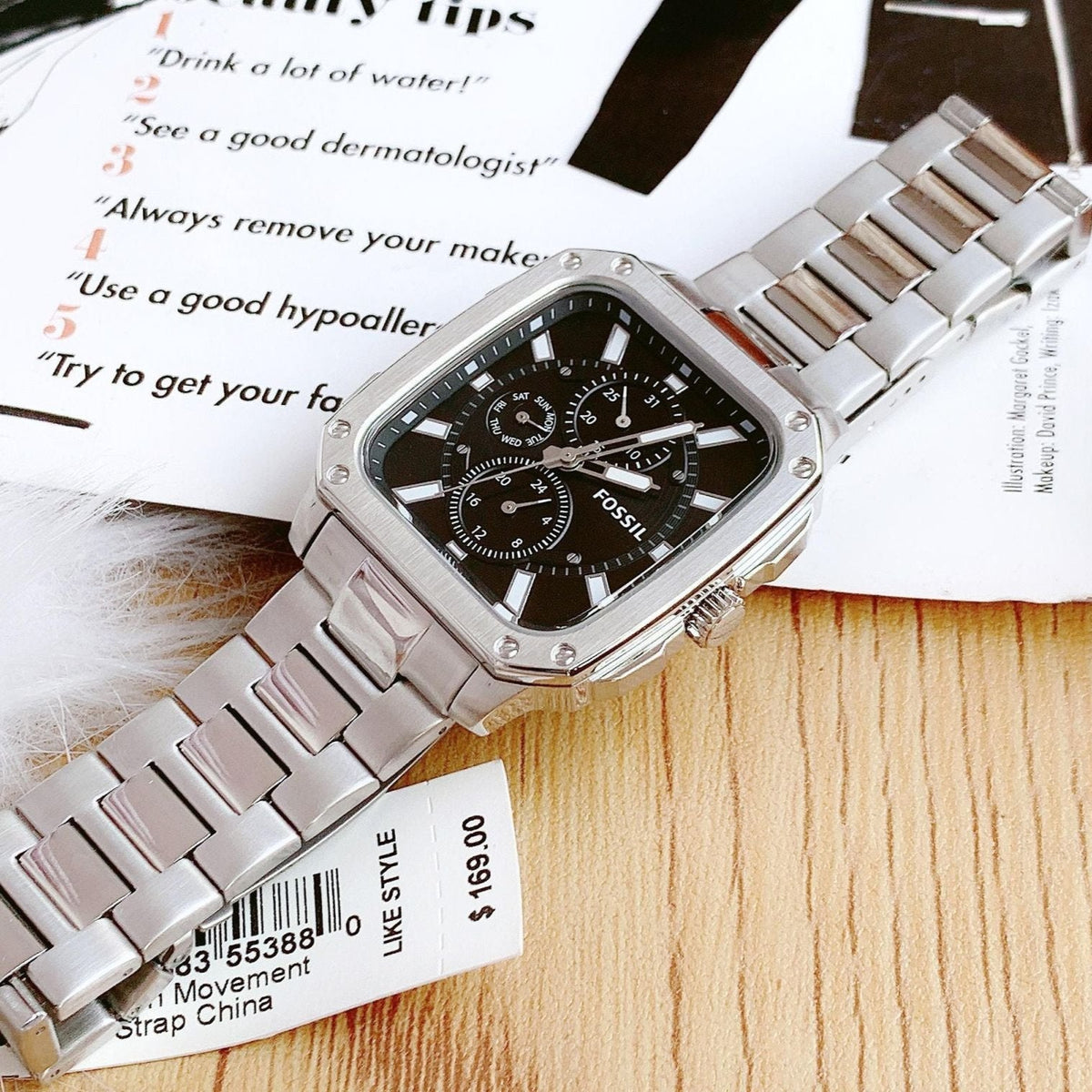 Shop Authentic Fossil Inscription Multifunction Black Dial Silver Steel Strap Watch for Men - BQ2655 - Luxxuri