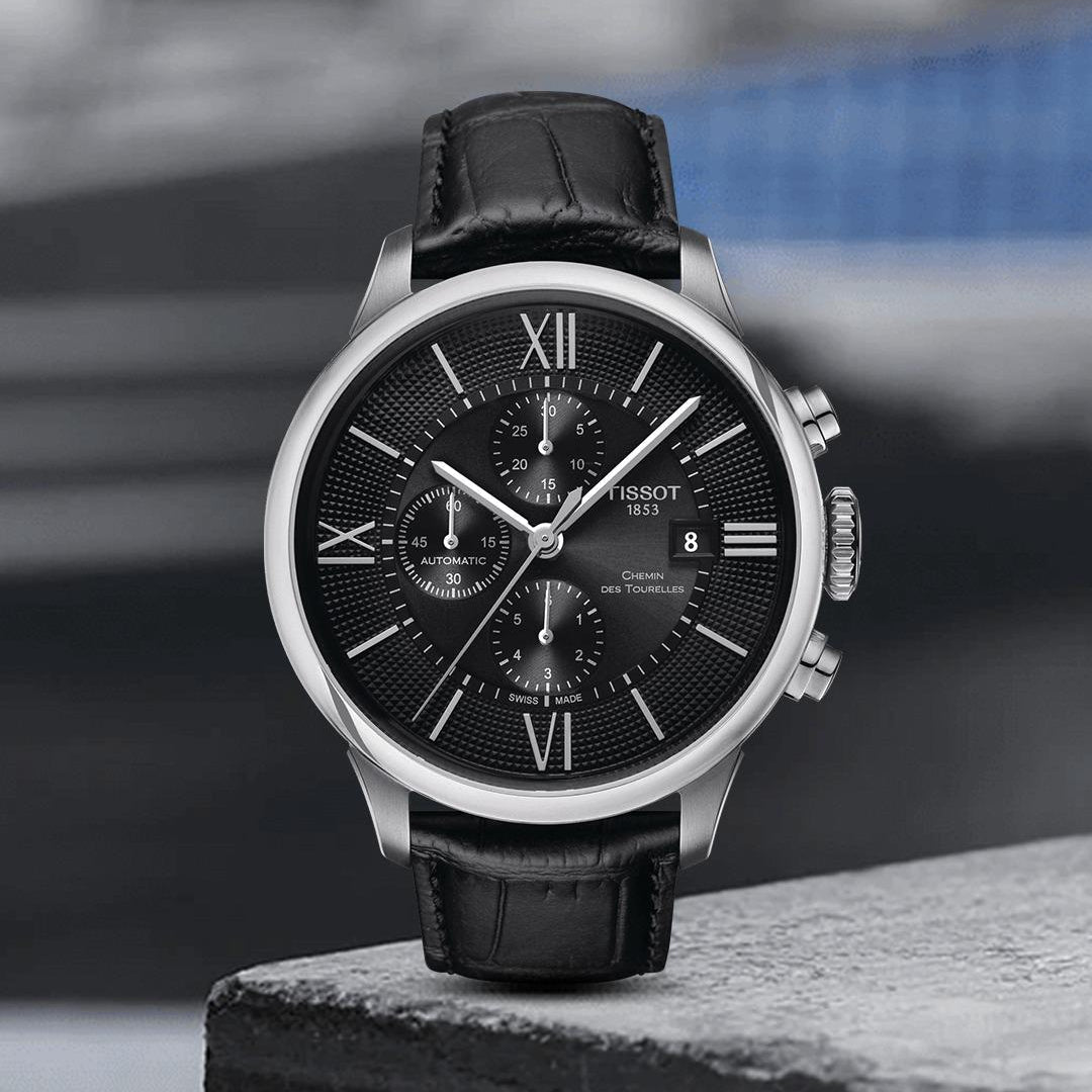 Shop Authentic Tissot T Classic Chemin Des Tourelles Chronograph Black Dial Black Leather Strap Watch For Men - T099.427.16.058.00 - Luxxuri