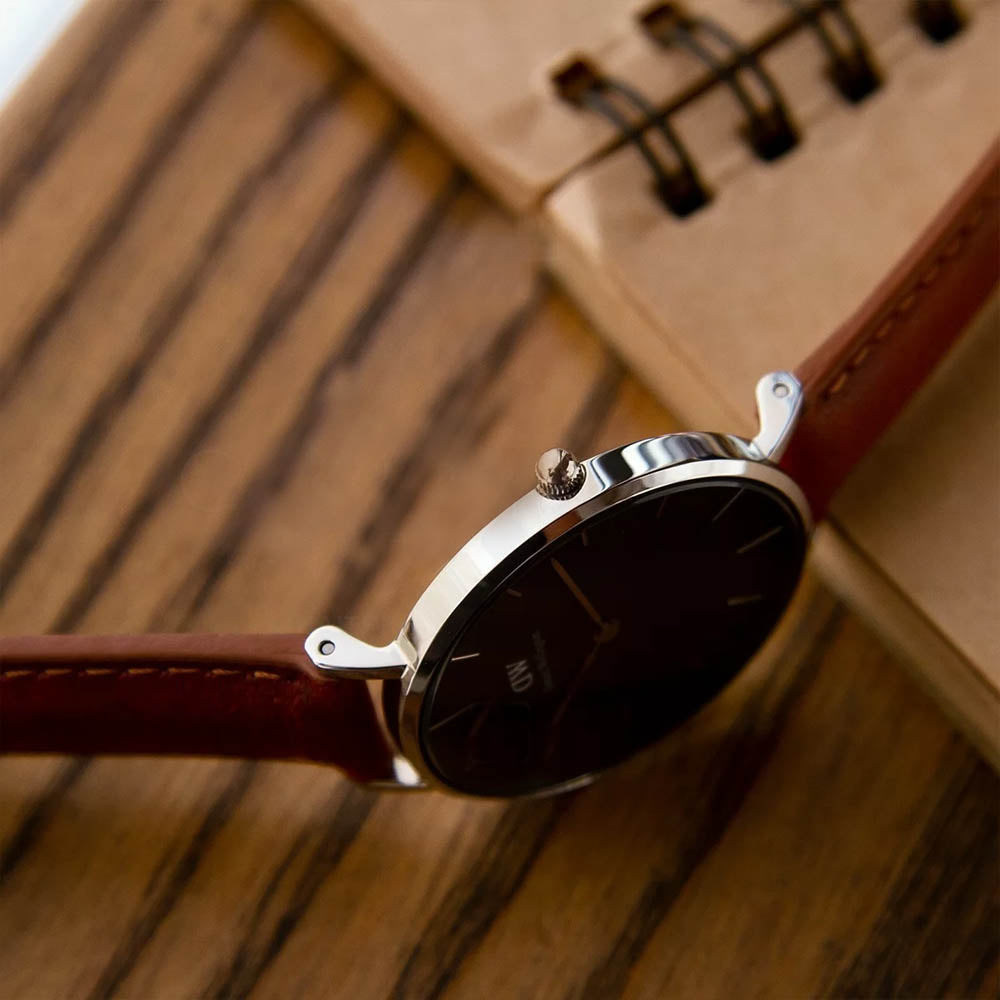 Shop Authentic Daniel Wellington Petite Sterling Black Dial Brown Leather Strap Watch For Women - DW00100178 - Luxxuri