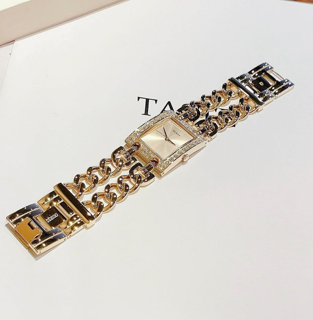 Guess MOD Heavy Metal Diamonds Gold Dial Gold Steel Strap Watch for Women - W0072L1