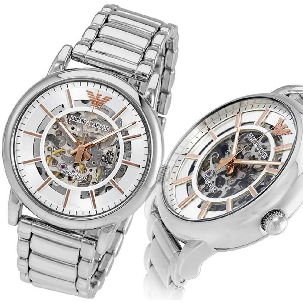 Shop Authentic Emporio Armani Meccanico Skeleton Silver Dial Silver Steel Strap Watch For Men - AR1980 - Luxxuri