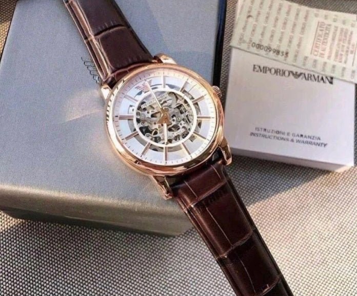 Shop Authentic Emporio Armani Meccanico Silver Skeleton Dial Brown Leather Strap Watch For Men - AR1983 - Luxxuri