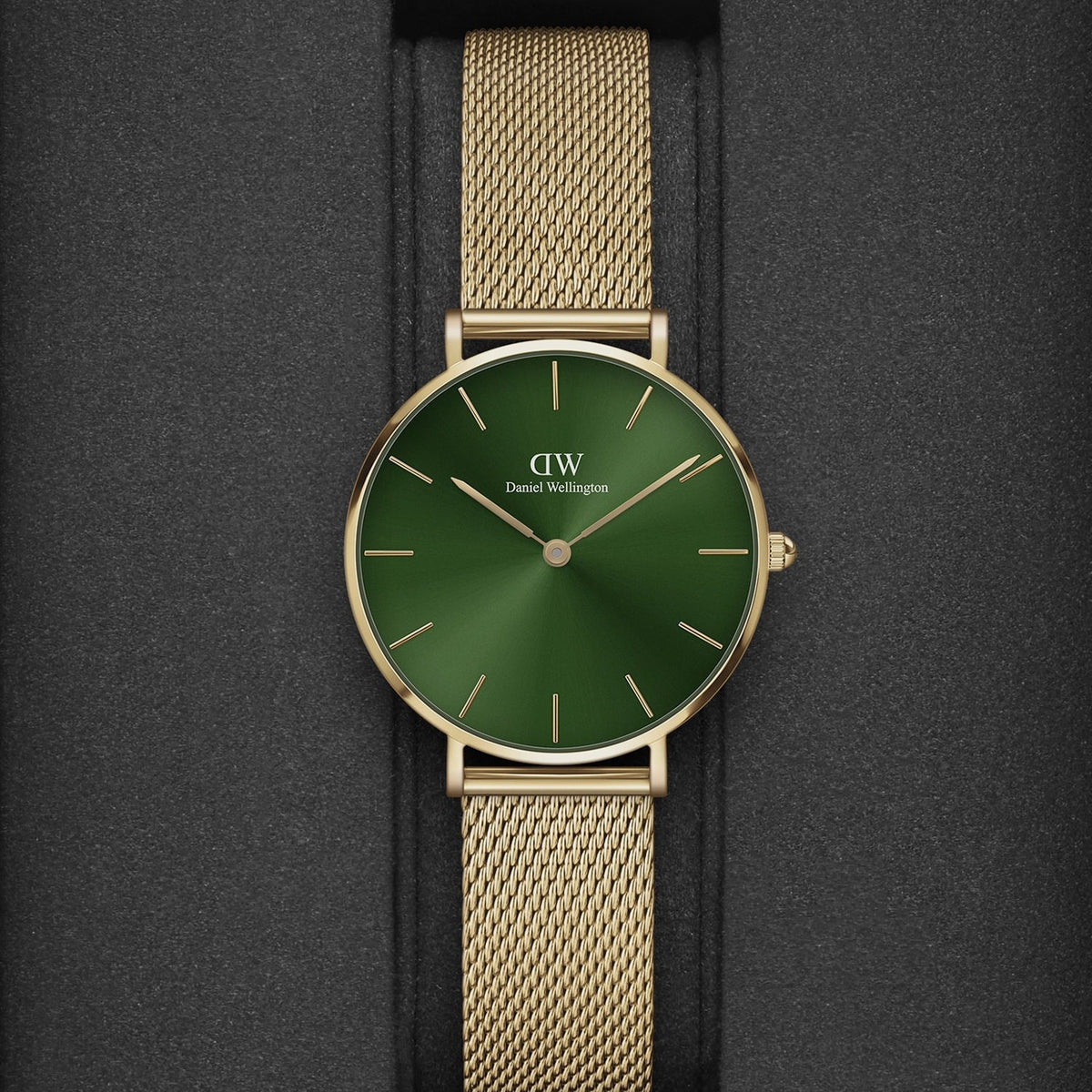 Shop Authentic Daniel Wellington Petite Emerald Green Dial Gold Mesh Strap Watch For Women - DW00100480 - Luxxuri
