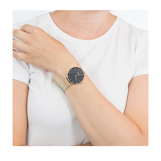 Shop Authentic Daniel Wellington Petite Evergold Black Dial Gold Mesh Strap Watch For Women - DW00100345 - Luxxuri