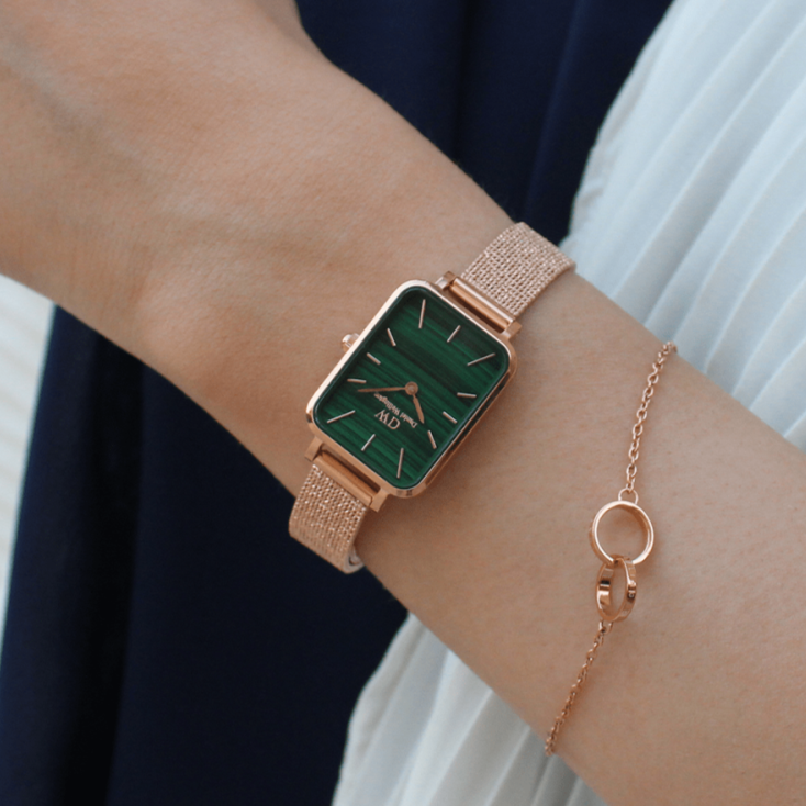 Daniel Wellington Quadro Melrose Green Dial Rose Gold Mesh Strap Watch For Women - DW00100437
