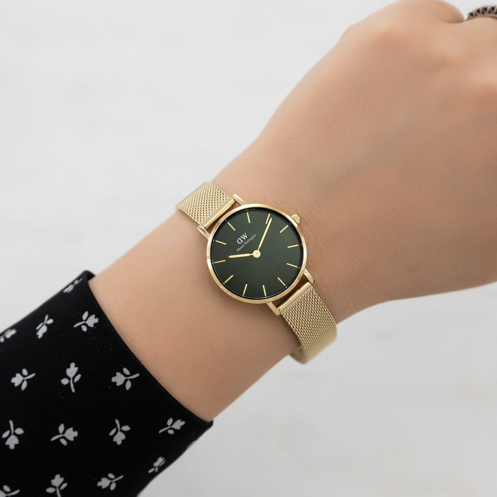 Shop Authentic Daniel Wellington Petite Emerald Green Dial Gold Mesh Strap Watch For Women - DW00100479 - Luxxuri