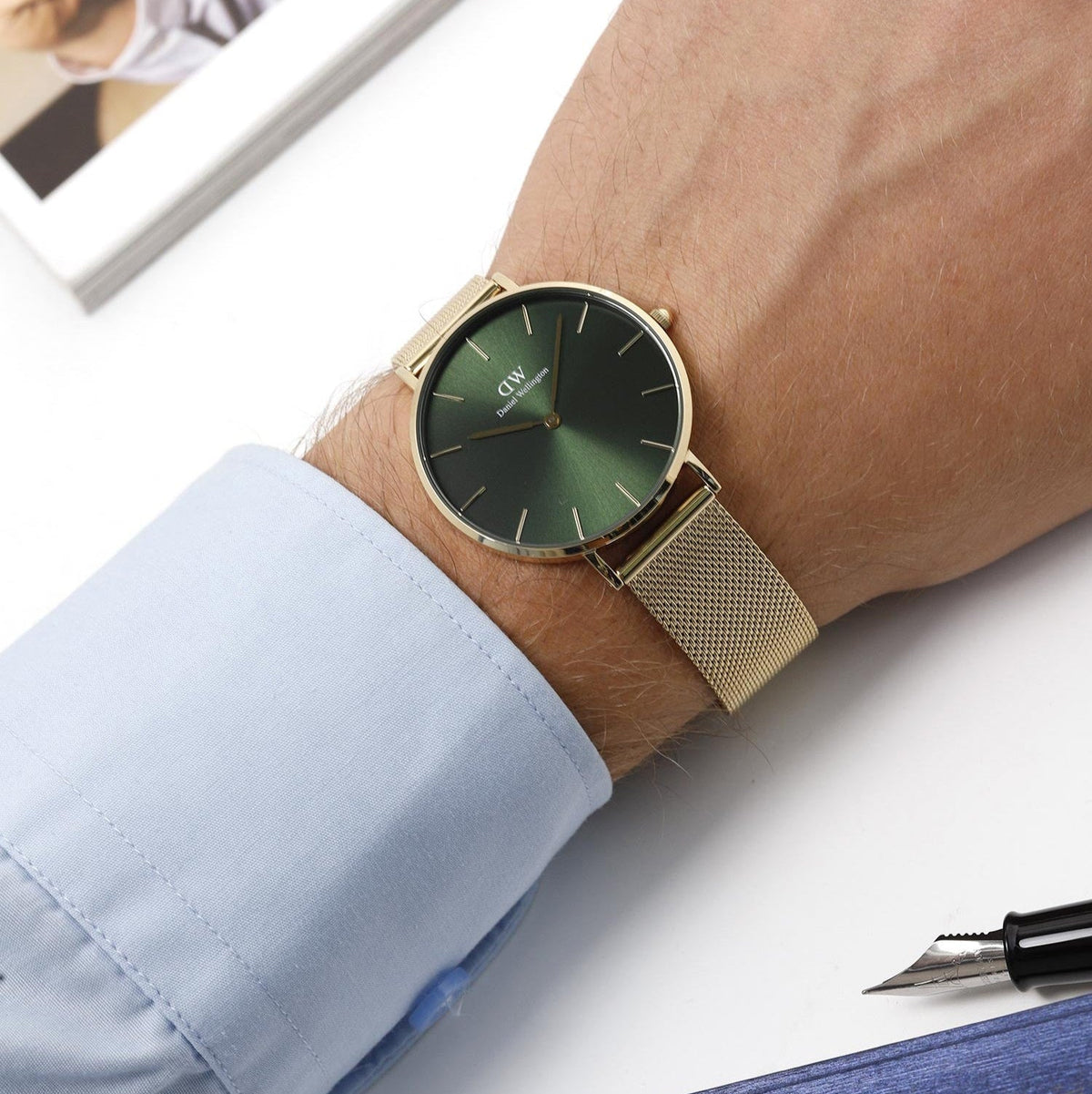 Shop Authentic Daniel Wellington Petite Emerald Green Dial Gold Mesh Strap Watch For Women - DW00100481 - Luxxuri