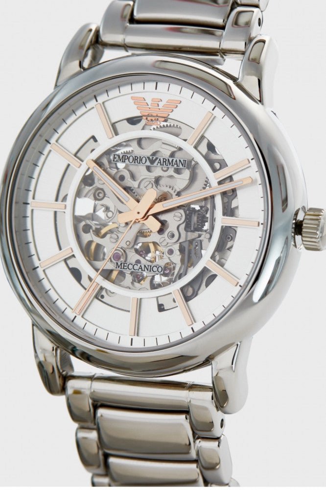 Shop Authentic Emporio Armani Meccanico Skeleton Silver Dial Silver Steel Strap Watch For Men - AR1980 - Luxxuri