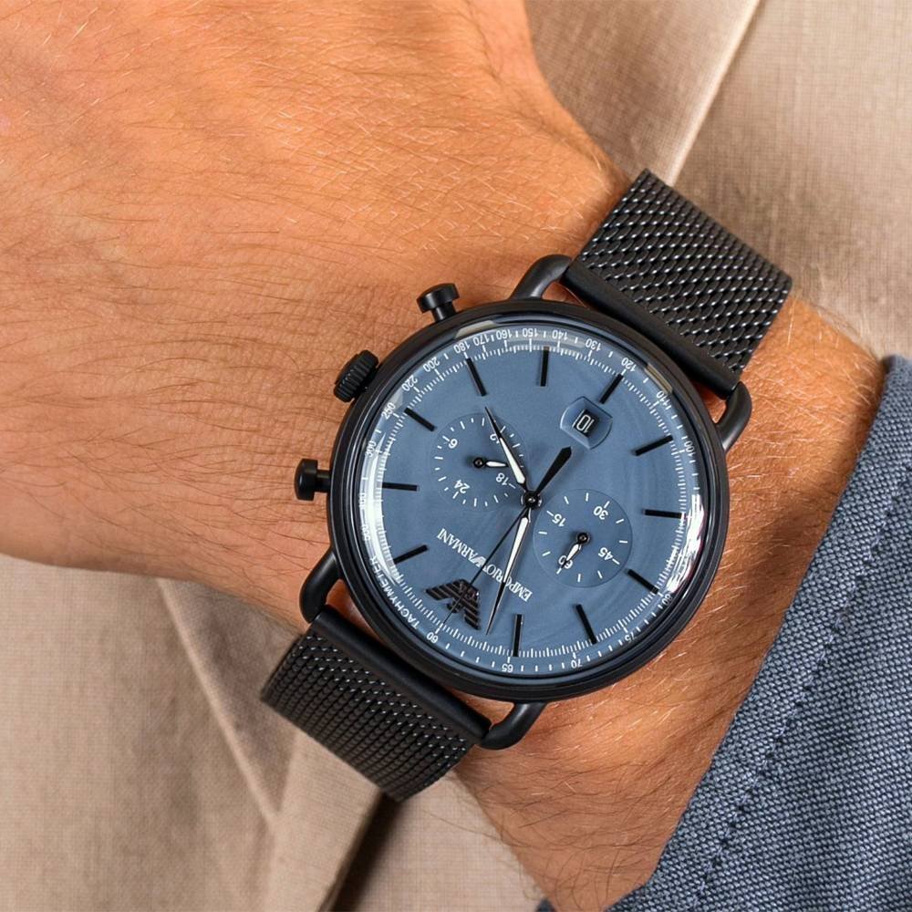 Shop Authentic Emporio Armani Aviator Chronograph Blue Dial Black Mesh Bracelet Watch For Men - AR11201 - Luxxuri