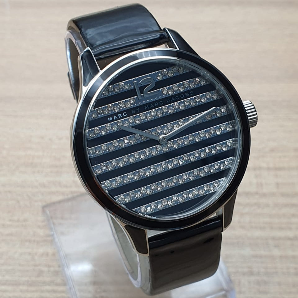 Shop Authentic Marc Jacobs Lidia Stripe Glitz Black Dial Black Leather Strap Watch for Women - MBM1166 - Luxxuri