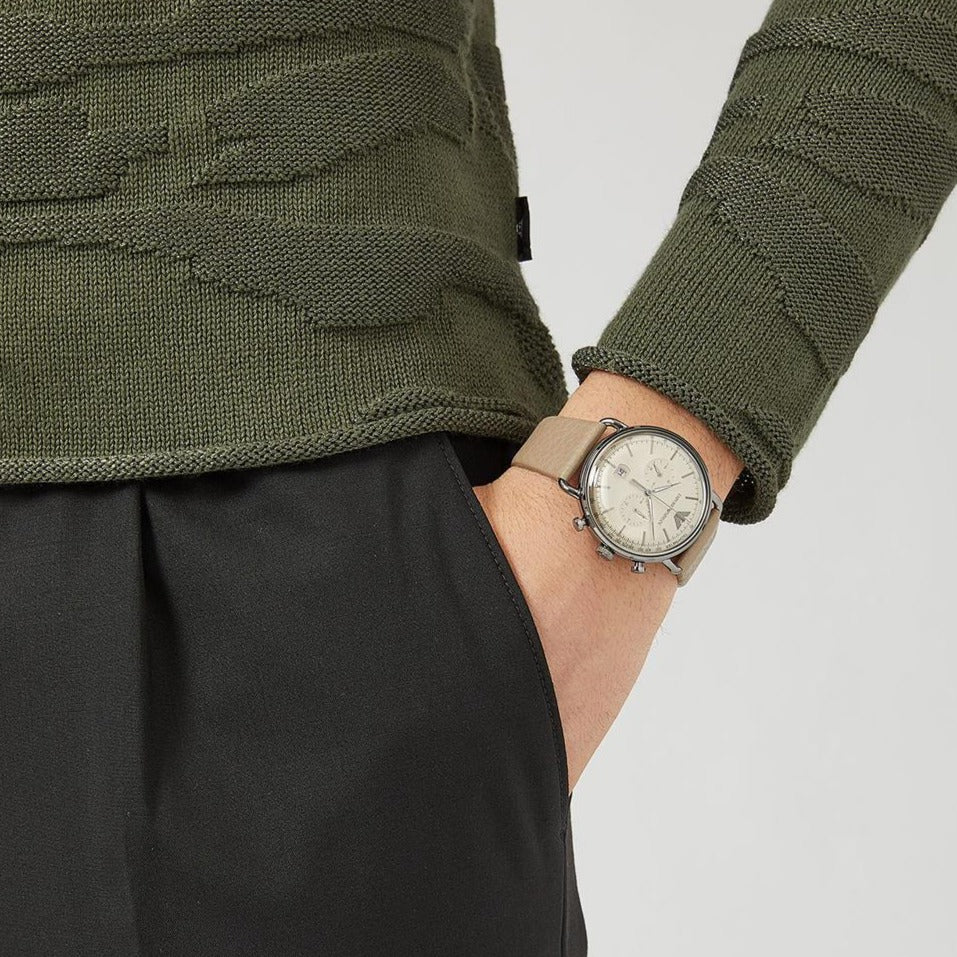 Shop Authentic Emporio Armani Aviator Chronograph Quartz Grey Dial Beige Leather Strap Watch For Men - AR11107 - Luxxuri