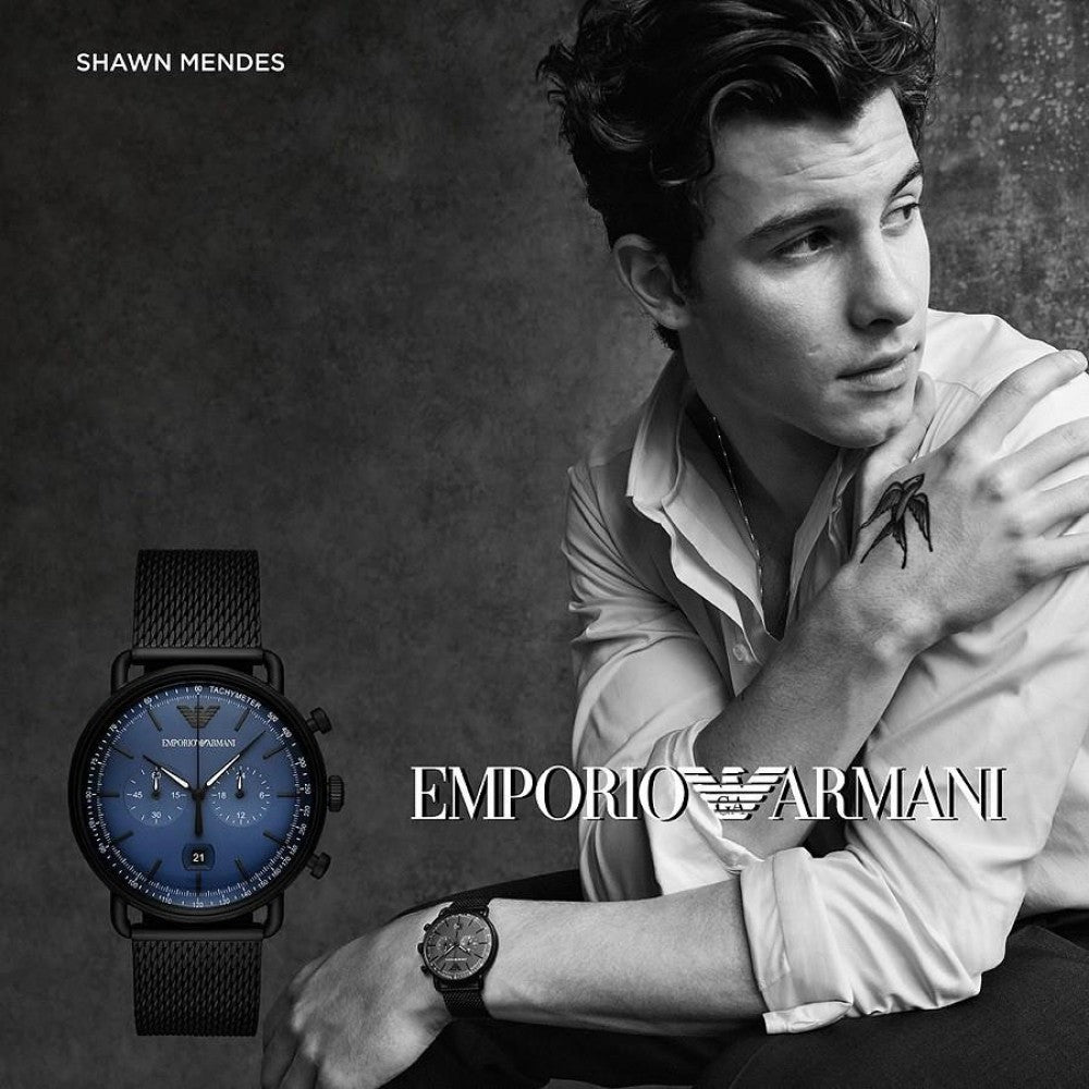 Shop Authentic Emporio Armani Aviator Chronograph Blue Dial Black Mesh Bracelet Watch For Men - AR11201 - Luxxuri