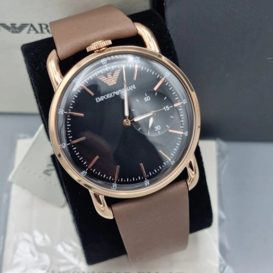 Shop Authentic Emporio Armani Aviator Quartz Black Dial Brown Leather Strap Watch For Men - AR11337 - Luxxuri