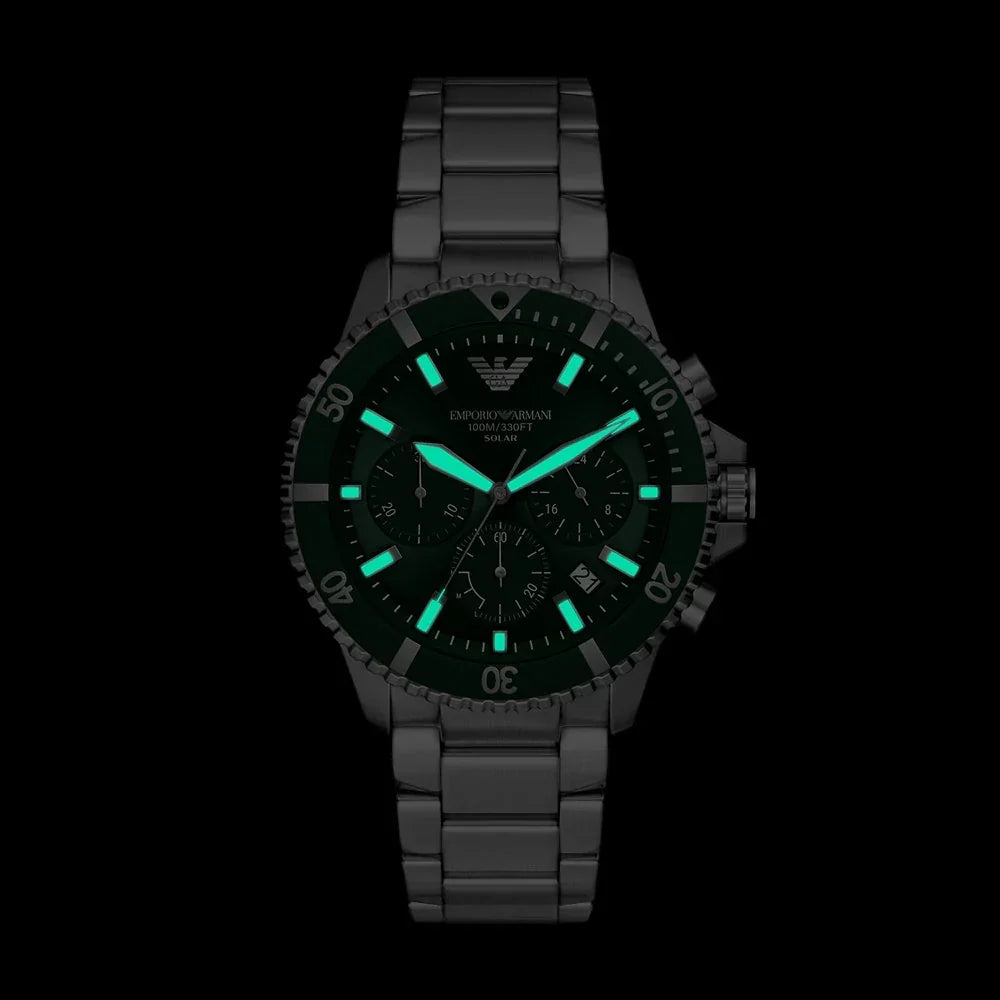 Emporio Armani World Explorer Solar Chronograph Green Dial Silver Steel Strap Watch for Men - AR11741