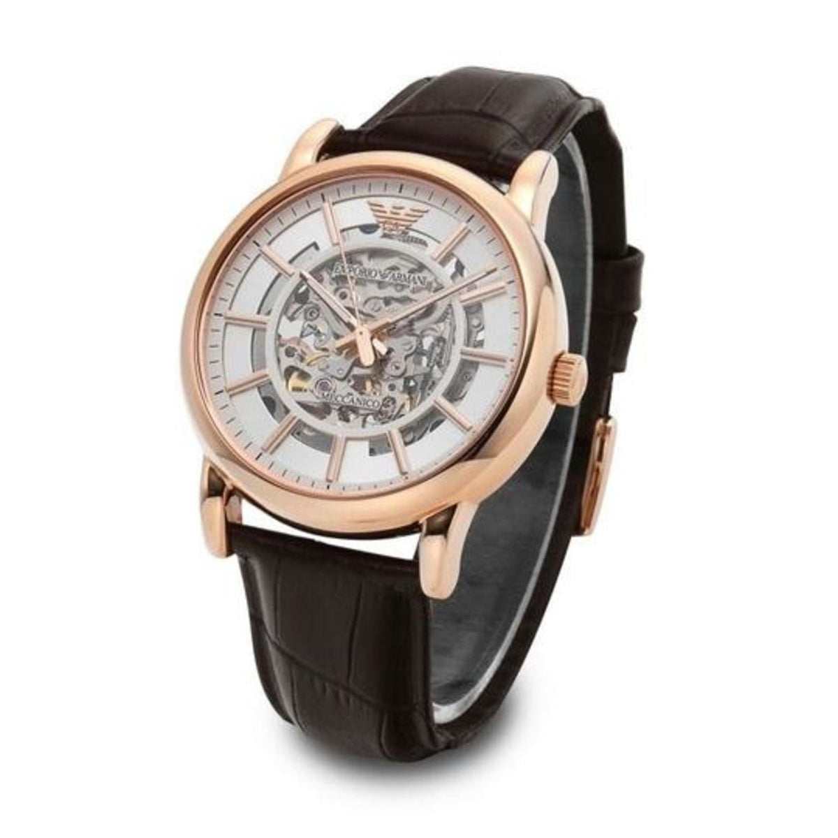 Shop Authentic Emporio Armani Meccanico Silver Skeleton Dial Brown Leather Strap Watch For Men - AR1983 - Luxxuri