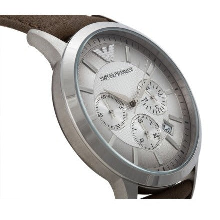 Shop Authentic Emporio Armani Classic Chronograph Silver Dial Brown Leather Strap Watch For Men - AR2471 - Luxxuri