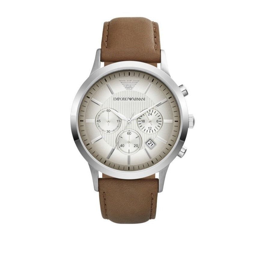 Shop Authentic Emporio Armani Classic Chronograph Silver Dial Brown Leather Strap Watch For Men - AR2471 - Luxxuri