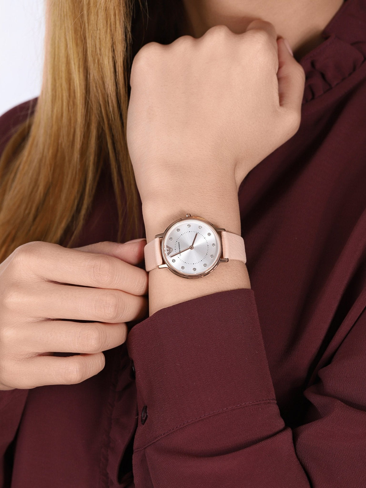 Shop Authentic Emporio Armani Kappa Rose Gold & White Dial Beige Nude Leather Strap Watch For Women - AR2510 - Luxxuri