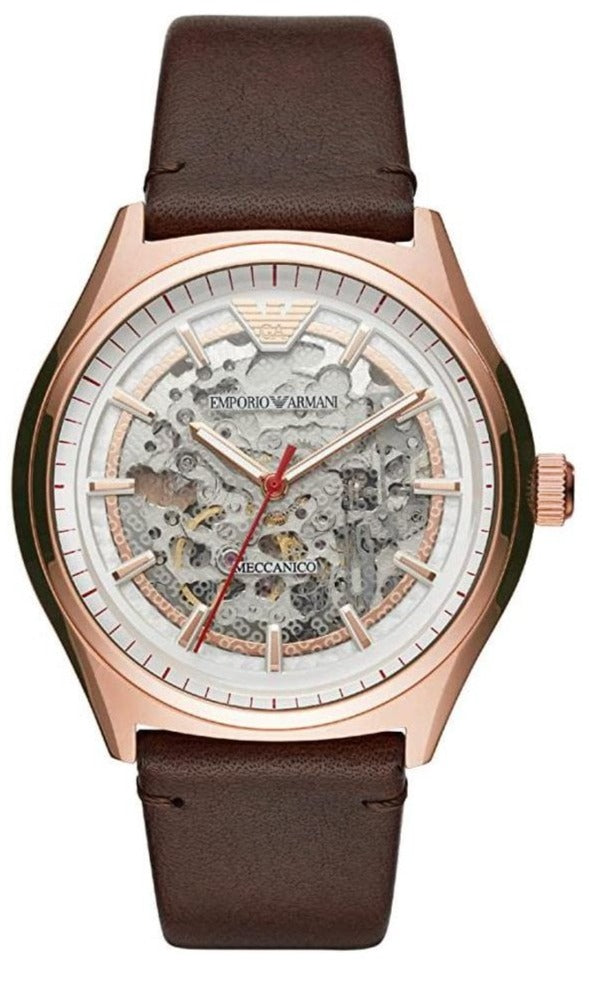 Shop Authentic Emporio Armani Meccanico White Skeleton Dial Brown Leather Strap Watch For Men - AR60005 - Luxxuri
