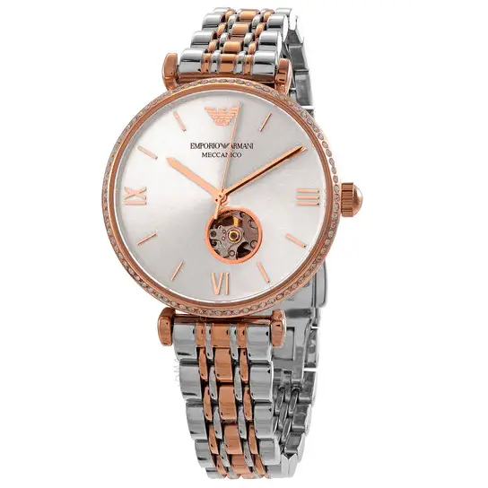 Emporio Armani Meccannico Gianni T-Bar Analog White Dial Two Tone Steel Strap Watch For Women - AR60019