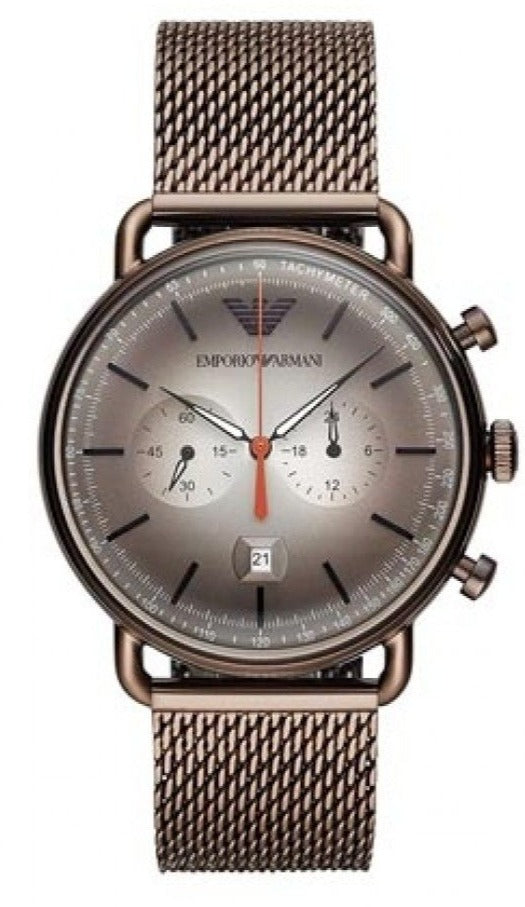 Shop Authentic Emporio Armani Aviator Chronograph Grey Dial Brown Mesh Bracelet Watch For Men - AR11169 - Luxxuri