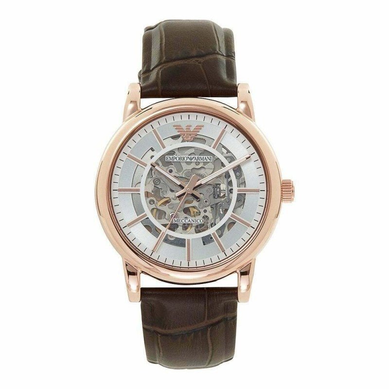 Shop Authentic Emporio Armani Meccanico Silver Skeleton Dial Brown Leather Strap Watch For Men - AR1983 - Luxxuri