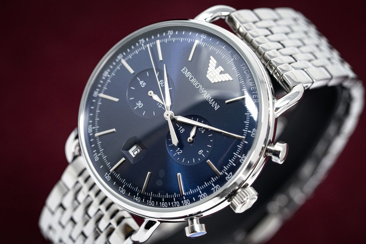 Shop Authentic Emporio Armani Aviator Chronograph Blue Dial Silver Steel Strap Watch For Men - AR11238 - Luxxuri