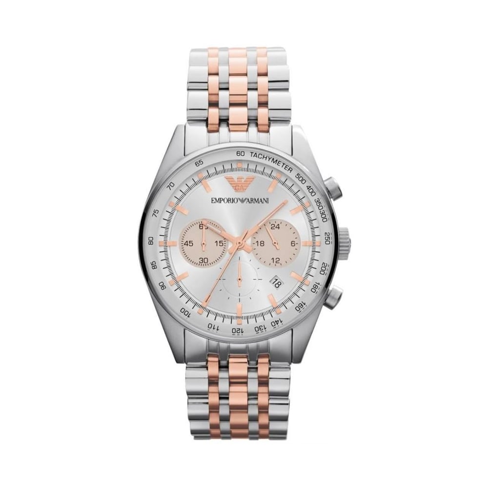 Shop Authentic Emporio Armani Sportivo Chronograph Silver Dial Two Tone Steel Strap Watch For Men - AR5999 - Luxxuri