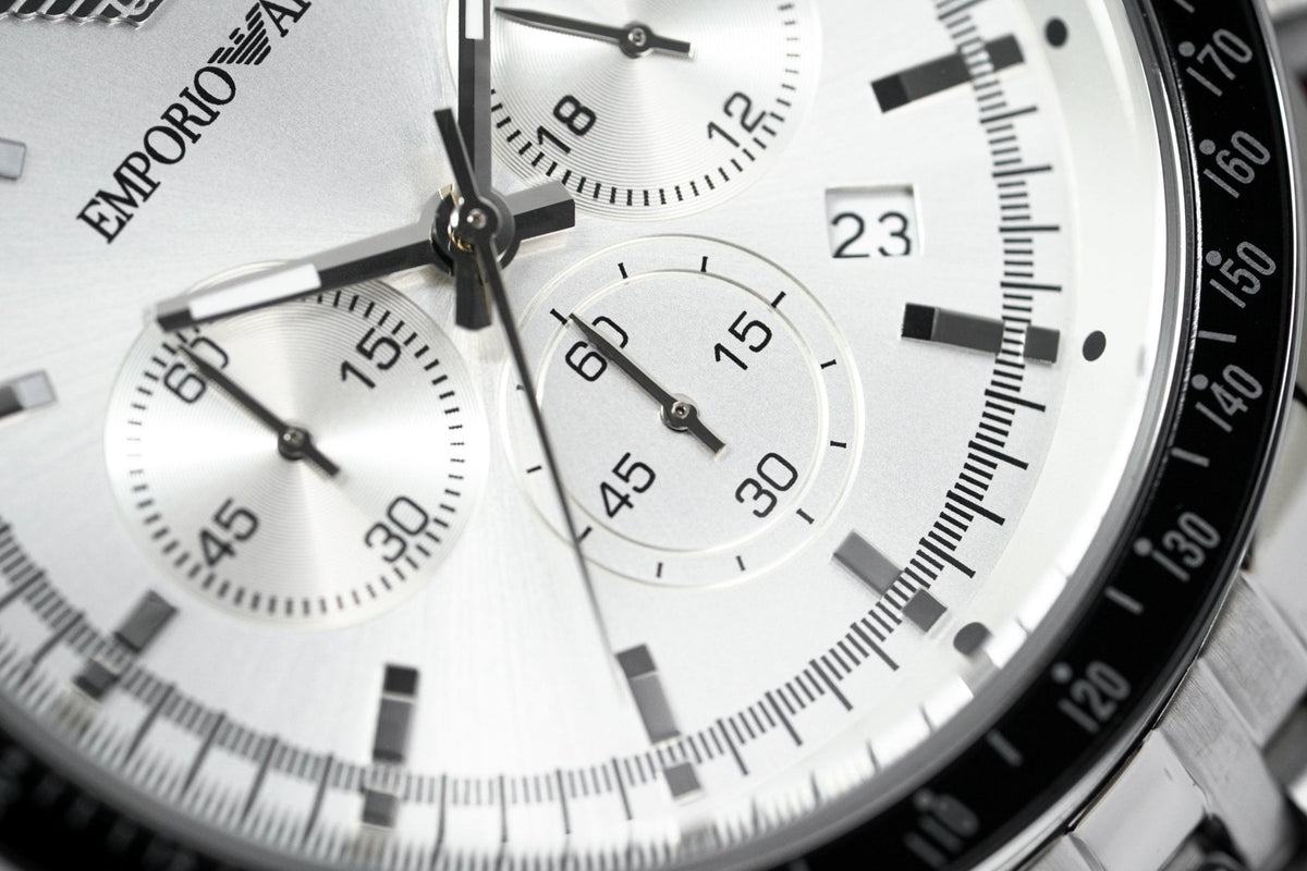 Shop Authentic Emporio Armani Sportivo Chronograph Silver Dial Silver Steel Strap Watch For Men - AR6073 - Luxxuri