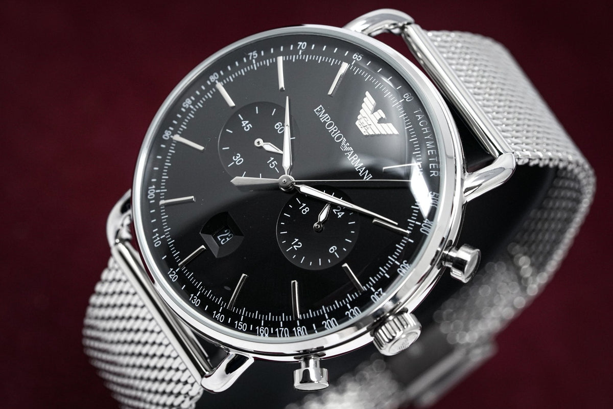 Shop Authentic Emporio Armani Chronograph Black Dial Silver Mesh Bracelet Watch For Men - AR11104 - Luxxuri