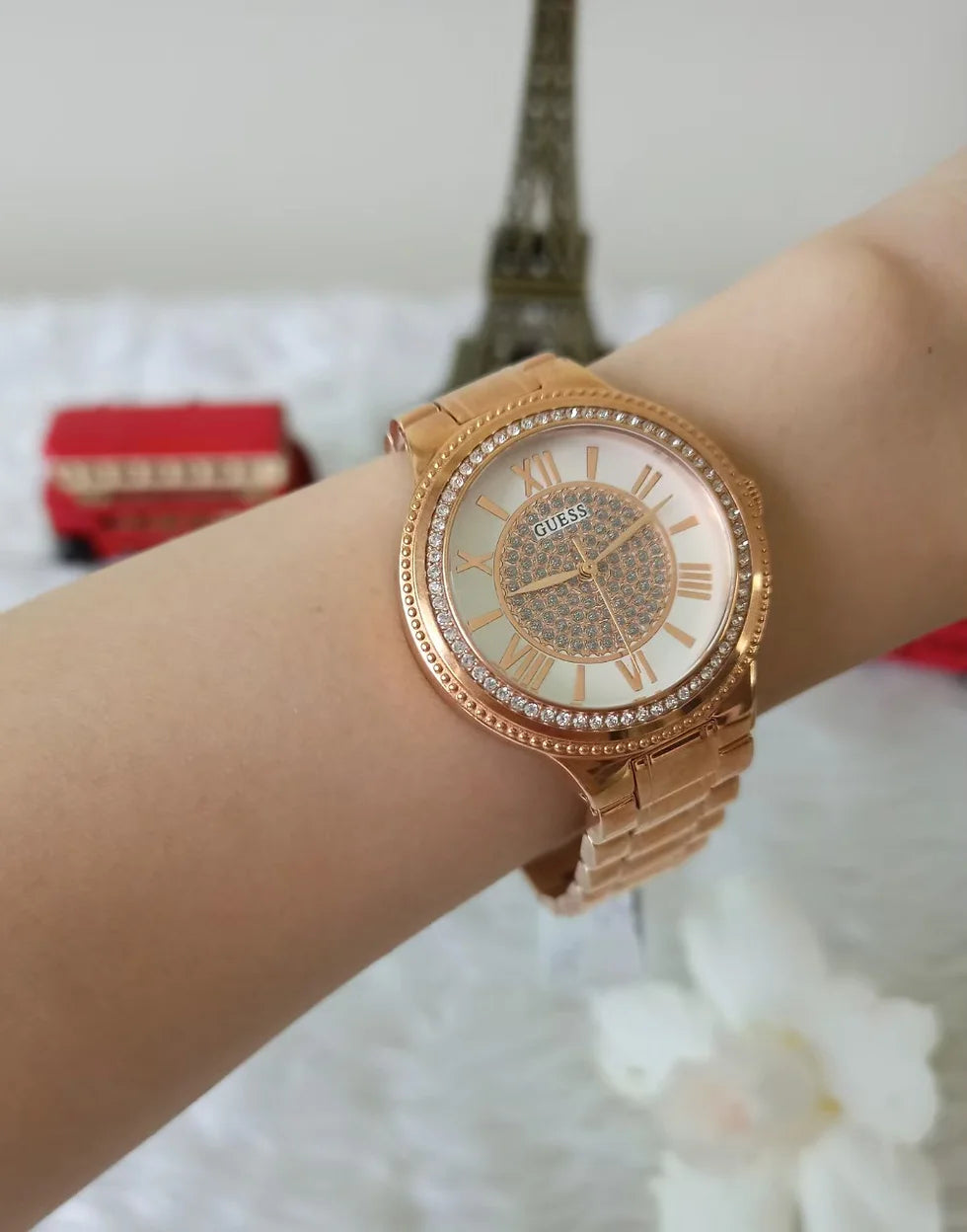 Shop Authentic Guess Sassy Quartz White Dial Rose Gold Steel Strap Watch For Women - W0705L3 - Luxxuri