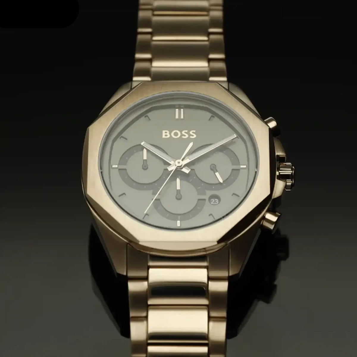 Hugo Boss Classic Chronograph Olive Green Dial Beige Gold Steel Strap Watch For Men - 1514019