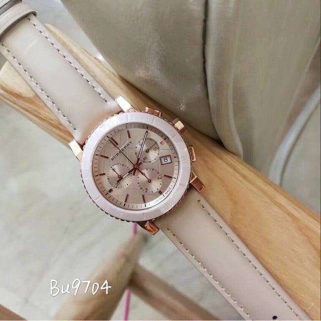 Shop Authentic Burberry Chronograph Rose Gold Dial Beige Leather Strap Watch for Women - BU9704 - Luxxuri