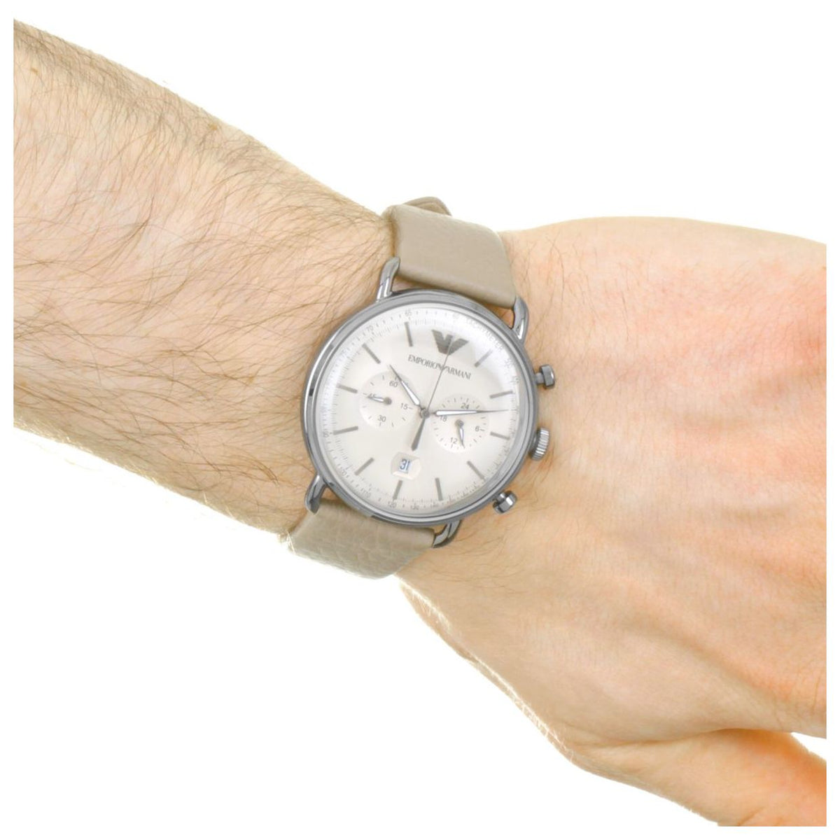 Shop Authentic Emporio Armani Aviator Chronograph Quartz Grey Dial Beige Leather Strap Watch For Men - AR11107 - Luxxuri