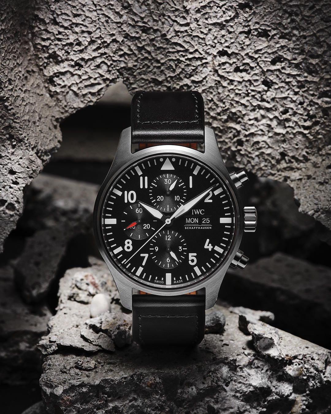 Shop Authentic IWC Pilot's Watch Chronograph Black Dial Black Leather Strap Watch for Men - IW377709 - Luxxuri